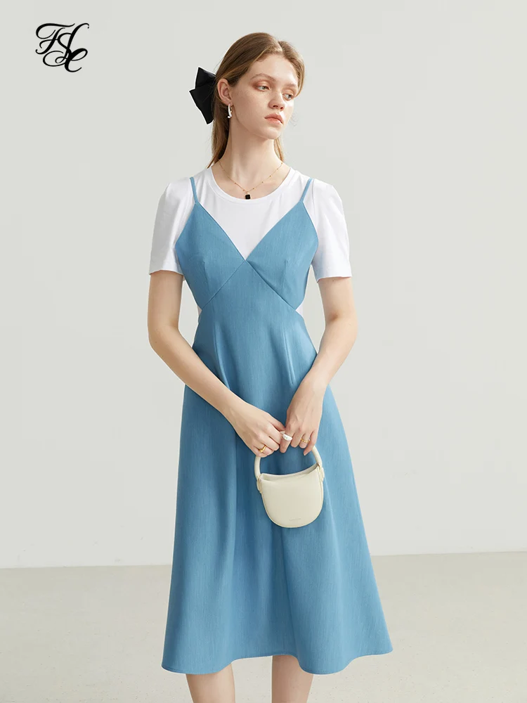 

FSLE Korean Style Women Blue Shorts Sleeve Dress Hight Waist Solid O-Neck Knee-Length Women Casual Dress 2022 Summer New