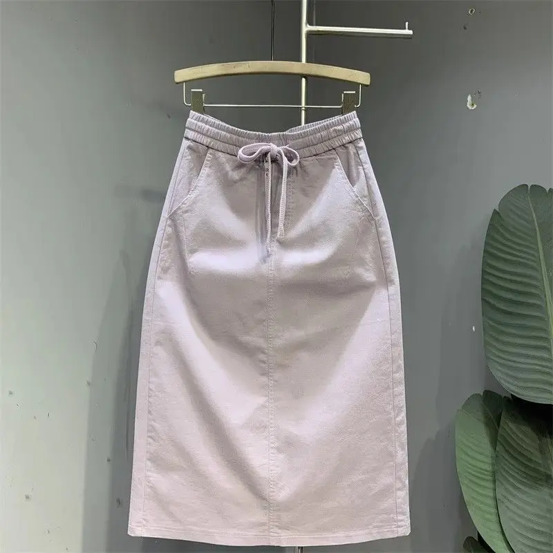 Elastic Waist Drawstring Simplicity Elegant A-line Skirt Summer Pockets All-match Casual Midi Skirt Trend Fashion Women Clothing