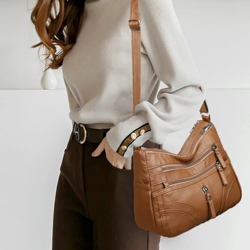 Retro style, women's crossbody bag, soft shoulder bag with adjustable shoulder straps, zipper, and multiple pockets