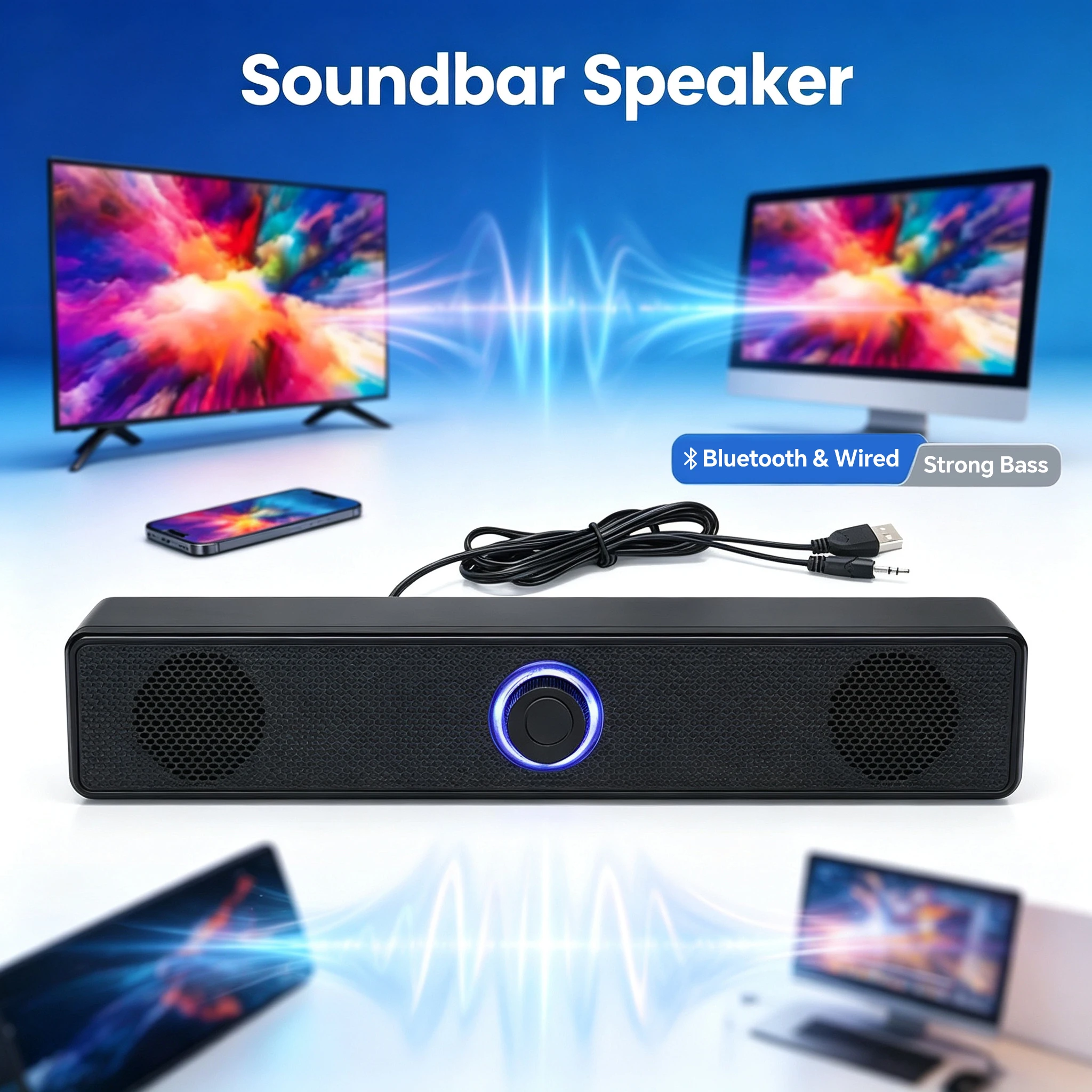 Enhanced Soundbar Speaker with Strong Bass and Dual Horns - Bluetooth, Wired, and Wireless Connectivity - USB Powered