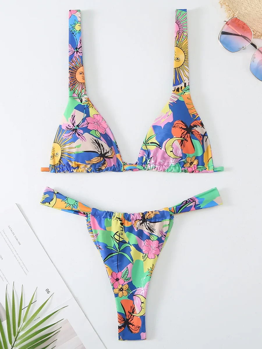 

Flower Print Bikini 2024 Women Swimsuit Thong Bikinis Female Brazilian Swimwear Two pieces Bikini Set Bathing Suit Swim Lady