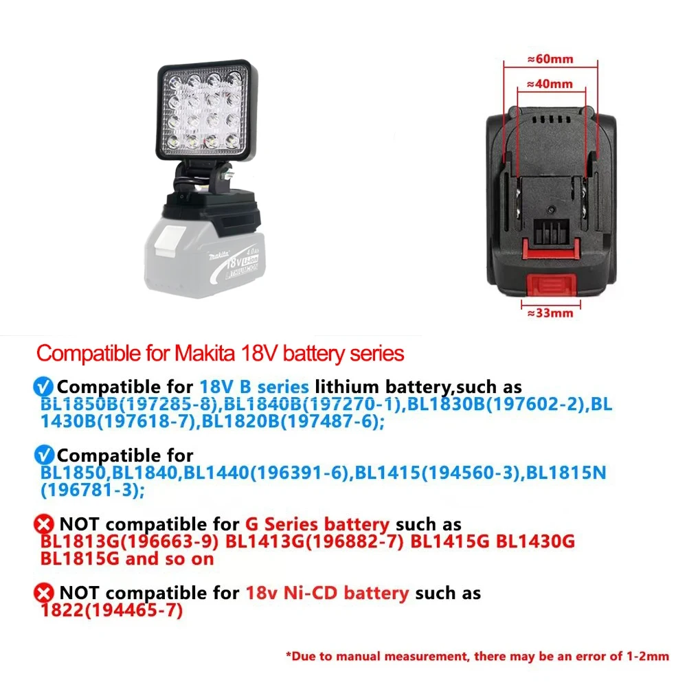 Portable Spotlight Led Light Cordless Outdoor Work Fishing Handheld Emergency ToolLight Fit Makita/Dewalt/Milwaukee 18V Battery