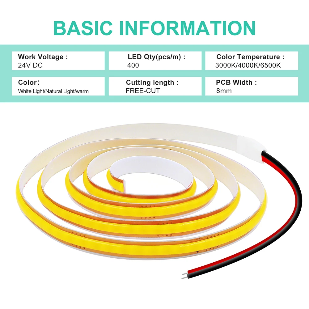 5mm 8mm PCB COB LED Streifen Licht 12V 24V Free Cut 400LEDs/M Hohe Dichte flexible Band 2PIN Draht Home Decor Warm Natürliche Weiß – Detail 12