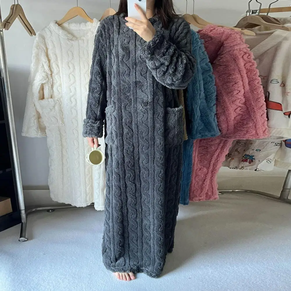 

Jacquard Coral Fleece Nightgown Coral Velvet Nightgown Cozy Coral Fleece Nightgown with Pockets Twisted Texture for Women Warm