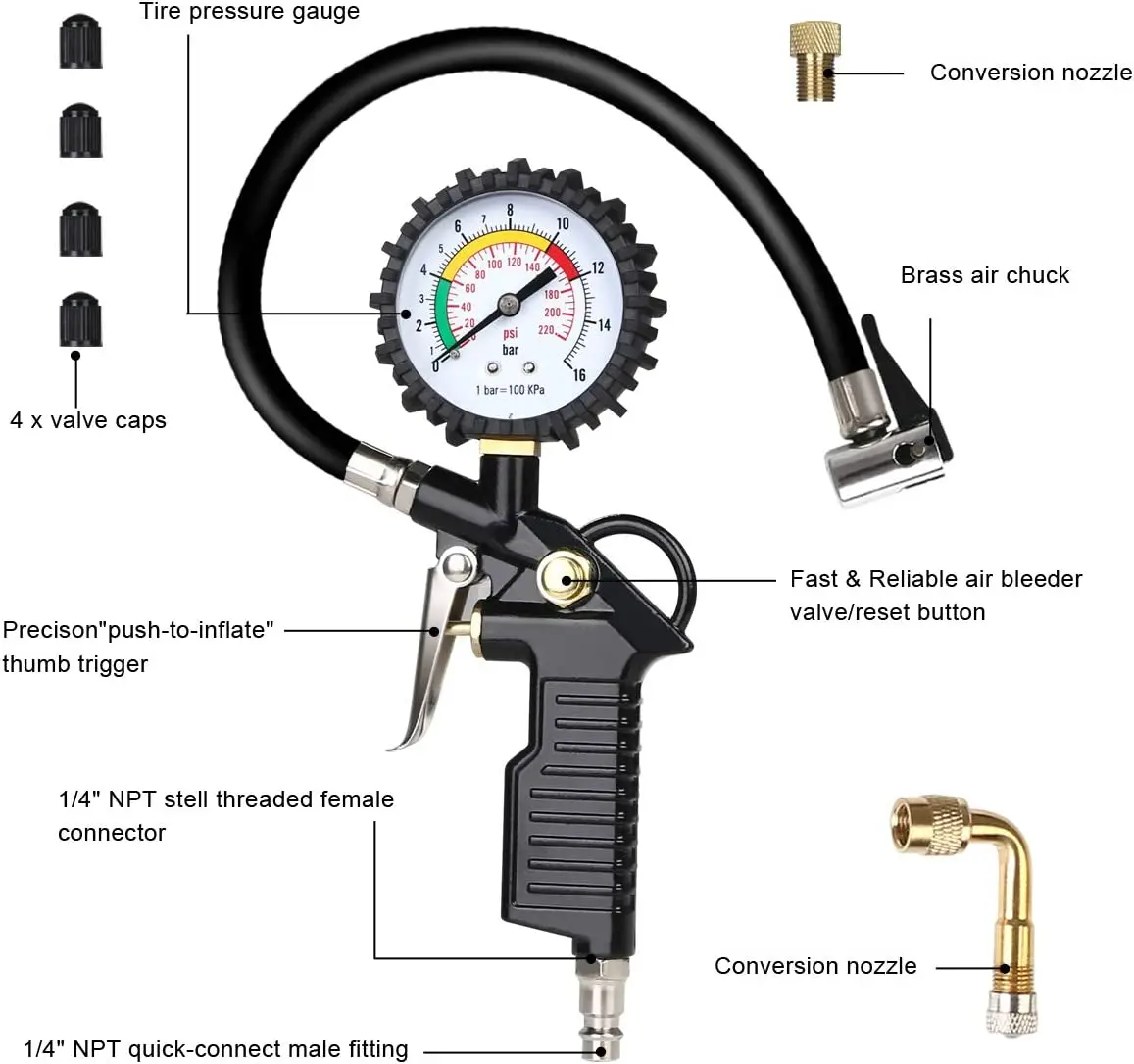 Tyre Pressure Gauge 0-220 PSI Tyre Inflator with Pressure Gauge Air Compressor, Valve Air Chuck and 90 Degree Valve Extender