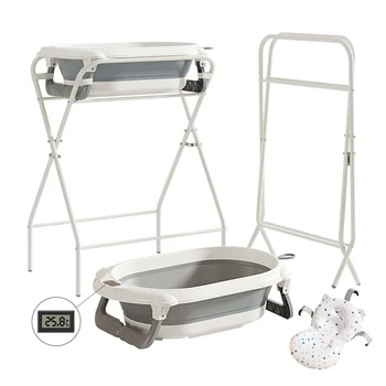 Baignoire pour bébé 3 en 1 avec support, baignoire pliable pour nouveau-né à tout-petit avec thermomètre et oreiller de bain, multifonctionnel, gris