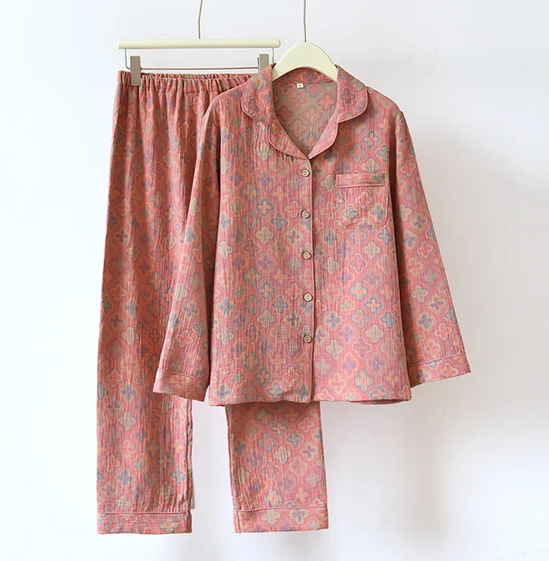 Women Pajamas Set Women Pajama Suit 100% Cotton Crepe Autumn/Winter Women's 2-piece Yarn-Dyed Jacquard Long-Sleeved Trousers Pajamas