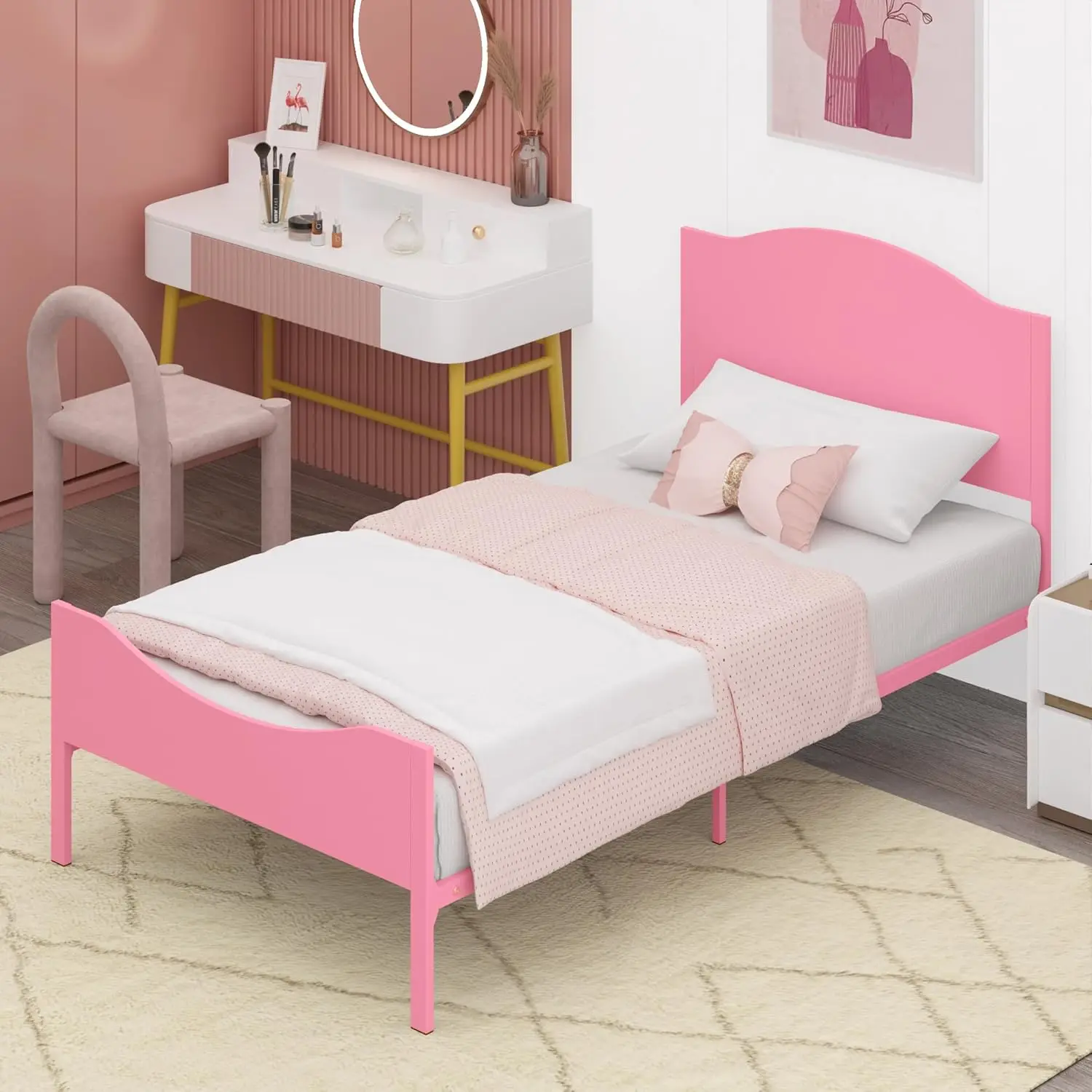 Timy Pink Kids Twin Bed Frame with Wooden Headboard and Footboard, Metal Platform Bed Frame for Boys Girls Teens Adults, Modern