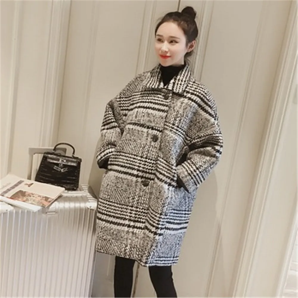 Women Blend Coat Autumn Winter Turn-Down Collar Long Jacket Coat Fashion Grid Loose Wool Coats Female Plus Size Casual Overcoat