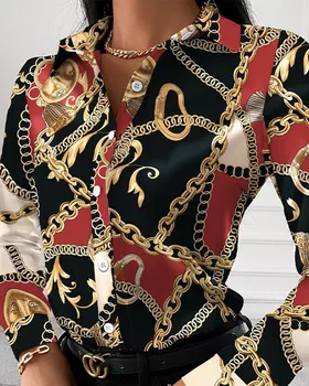 Women Fashion Wild Shirts Chain/Floral/Letter/Geometric Square Print Turn-Down Collar Long Sleeve Blouses 1