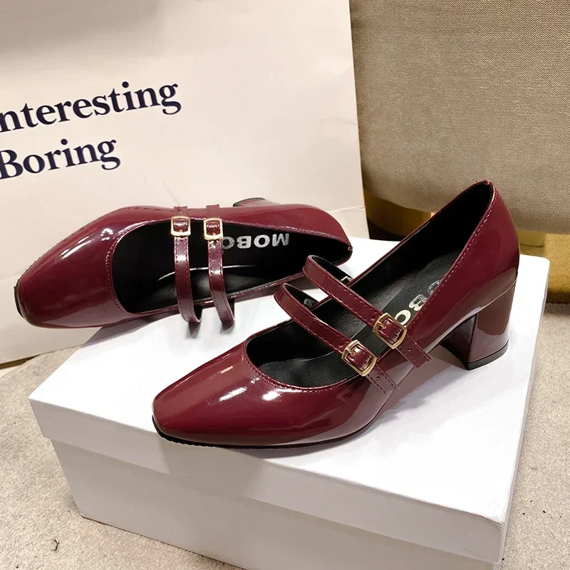 Mary Jane Shoes Spring Autumn Women Double Buckle Mary Janes Shoes Patent Leather Dress Square Head Square Heel Solid Color Women Shoes