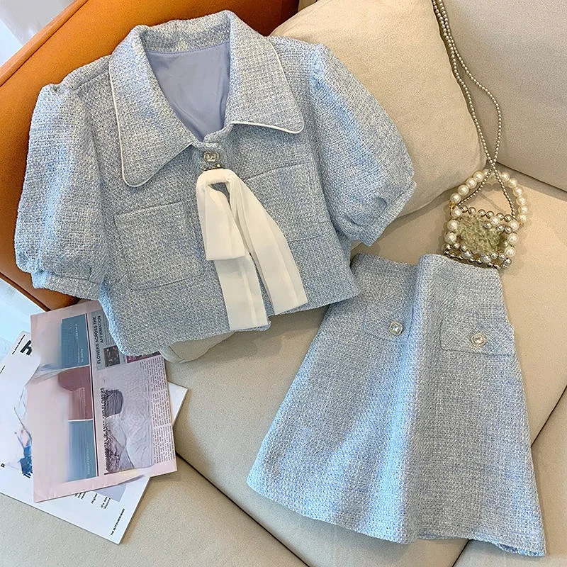 

Turn Down Collar Short Sleeve Chic Buttons Bowknot Top Suit+Solid Color High Waist Slim Skirt Outfits Summer Set Women 2 Pieces