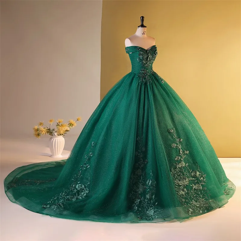 green emerald velvet dress Sparkly Puffy Off the Shoulder Crystal Dark green Quinceanera DressesB –  Siaoryne main image 0