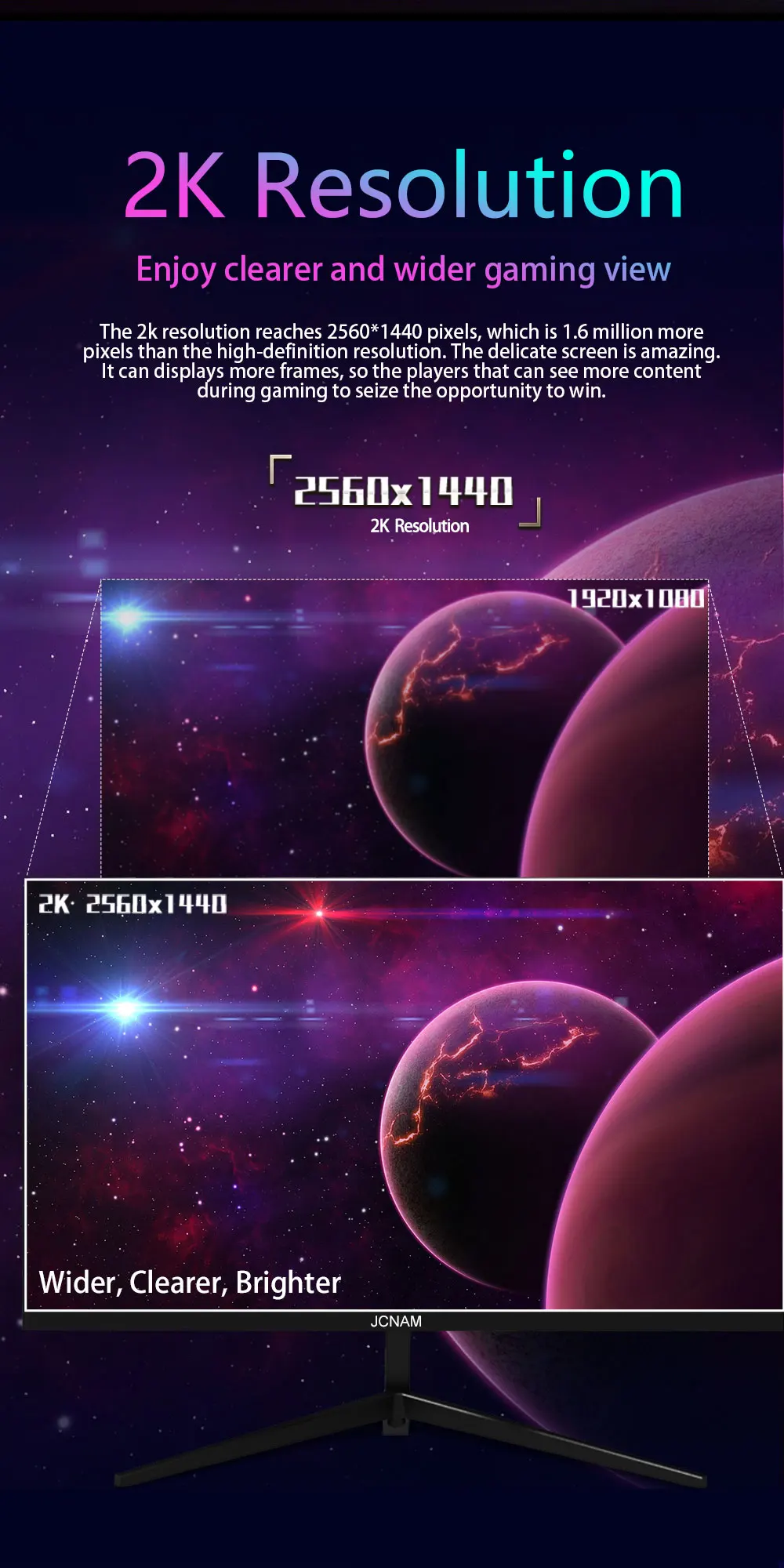 JCNAM Ŀ  ̸ LED ÷, ũž ǻ ȭ, 3000R 2560*1440 ػ 16:9, 27 ġ, 2k, 144hz
