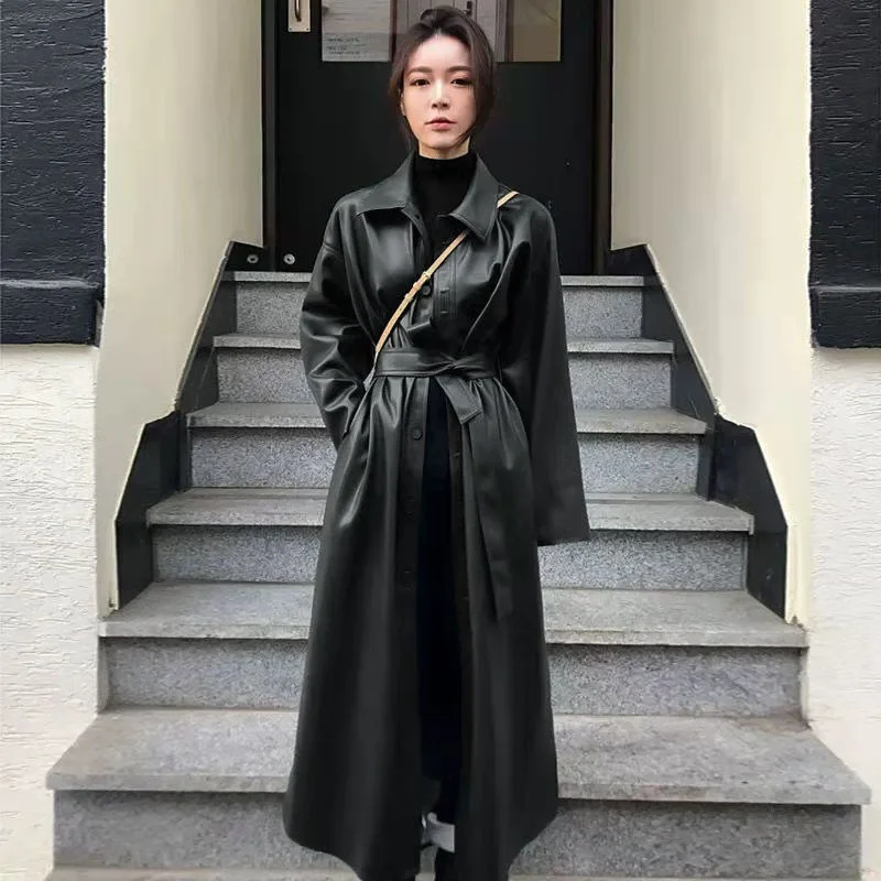 

Spring Autumn Women Faux Leather Trench Coats Slim Long Jackets for Korean Style Casual Outwear Solid Black