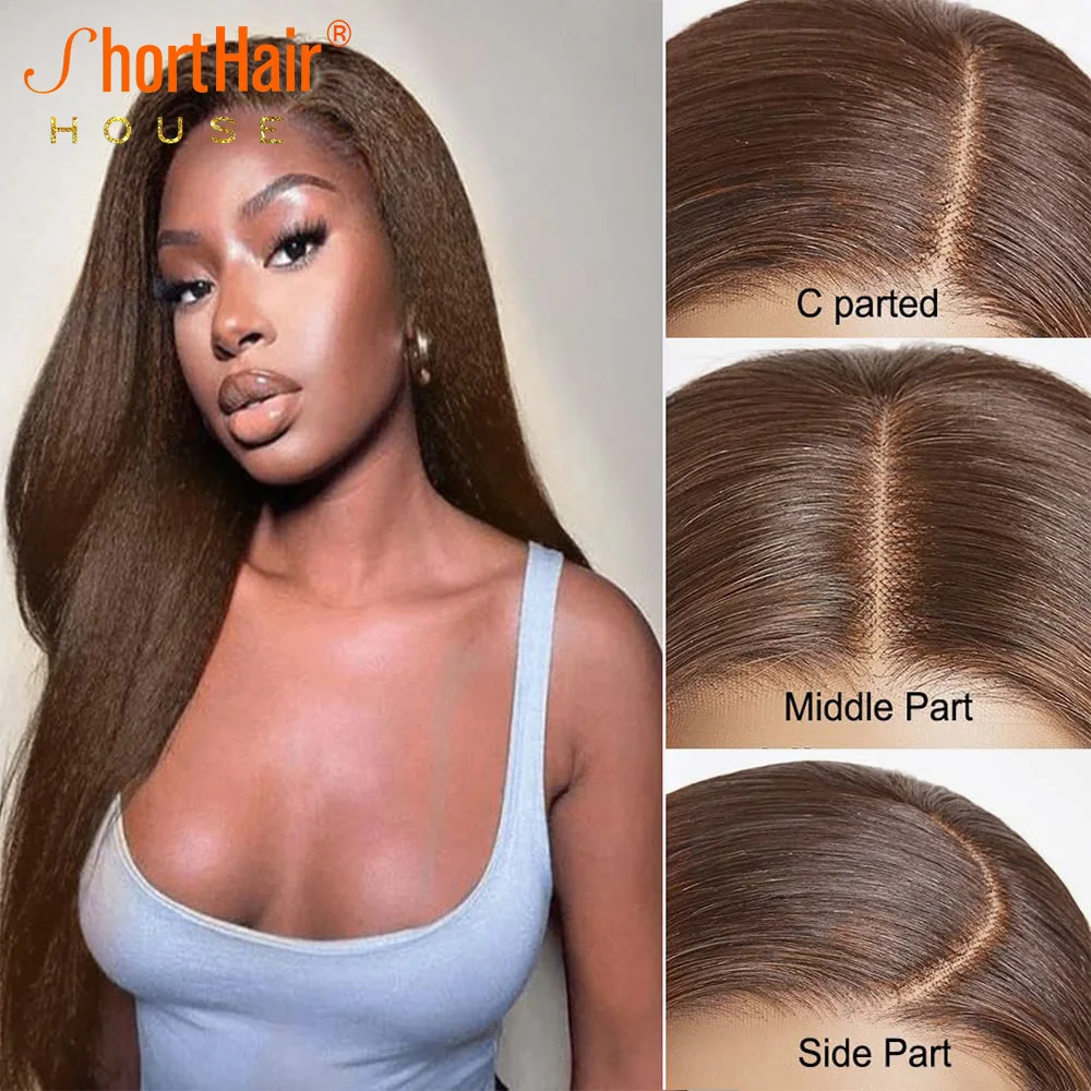 Brown Human Hair Wigs 4C Hairline Kinky Straight Lace Wigs Glueless 13x4 Lace Frontal Closure