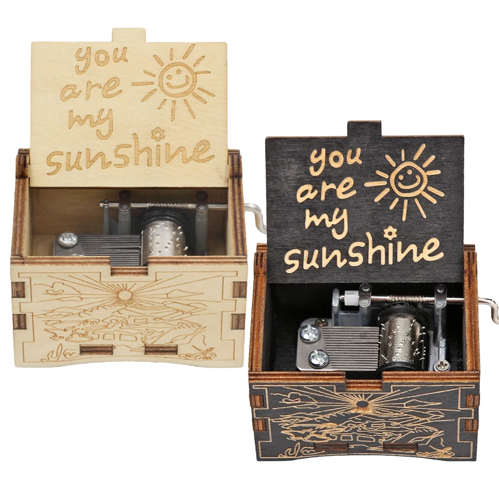 You Are My Sunshine Music Box Engraving Pattern Wooden Hand Cranked Musical Box Birthday Present Mother's Day Gifts for Mom