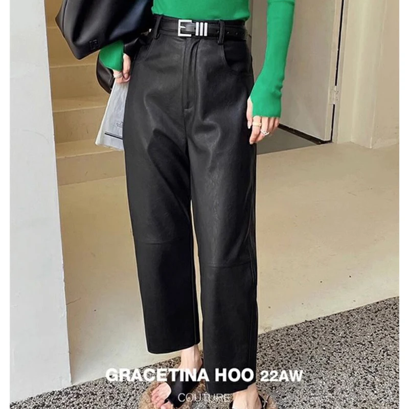 Autumn Winter High Waist Streetwear Fashion Vintage PU Leather Pants Women Loose Casual Harajuku Y2K All-match Straight Trousers