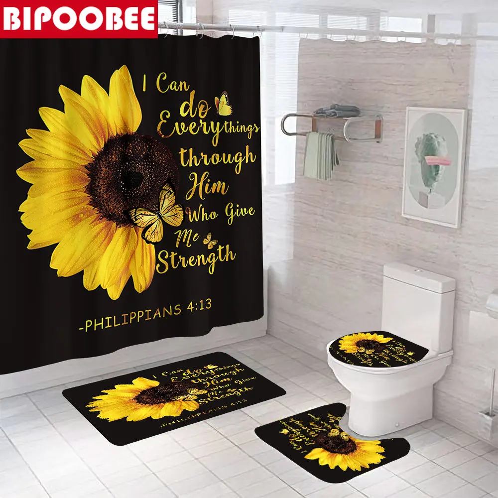 

Butterfly Sunflower Shower Curtain Bathroom Curtains Black Bath Mat Set Toilet Lid Cover Non-Slip Carpet Pedestal Rug Home Decor
