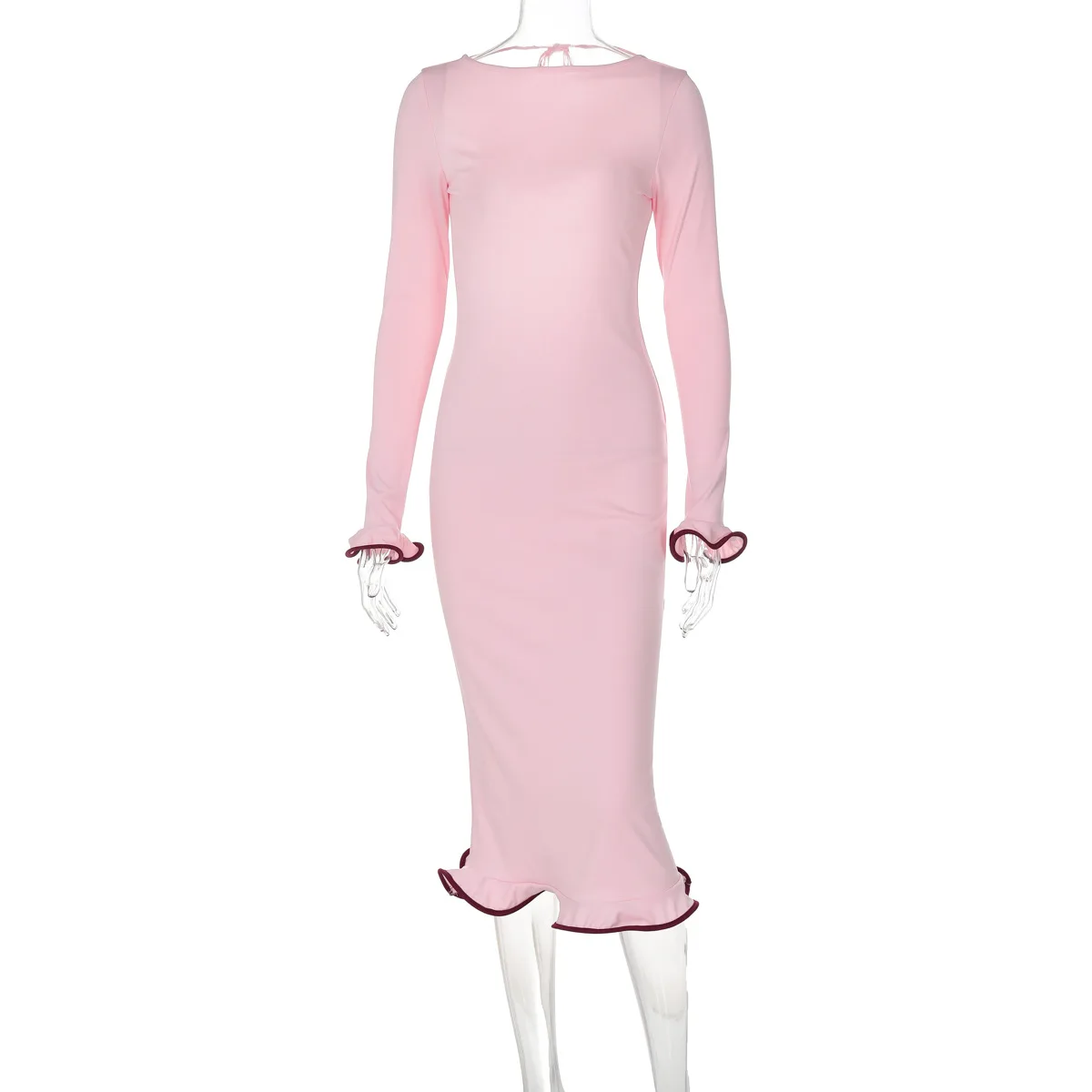 Sexy Slim Long Dress For Women Ruffled Splice Dress Backless Long Sleeve Contrast Color Autumn Fashion Gown Dresses Lady