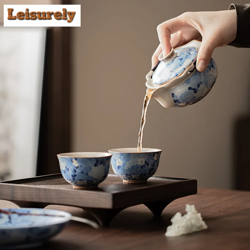 Blue and White Ru Kiln Porcelain Tea Set Complete Set Handmade Tea Ceremony Set Tea Making Teapot and Tea Cup Set Teaware Craft