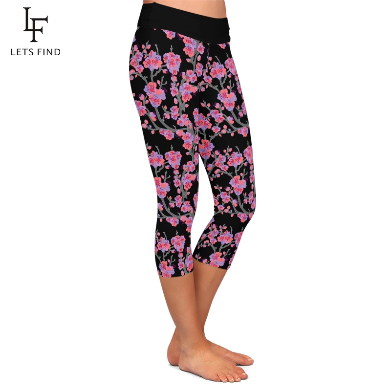 LETSFIND Summer New 220gsm Milk Silk Cherry Blossom Flowers Print Capri Leggings High Waist Soft Stretch Legings