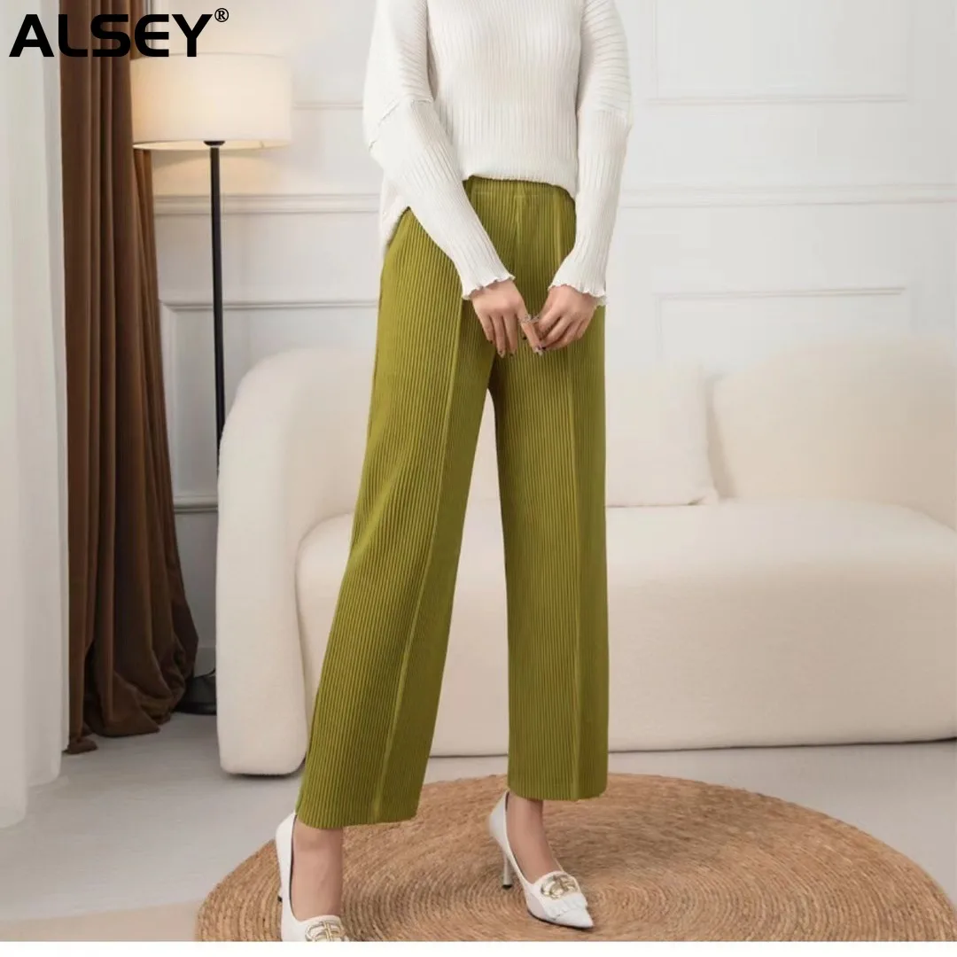 

ALSEY Miyake Pleated Slim Wide Leg Pants Spring Summer Autumn New Loose Casual Elegant High Waist Straight Nine Trousers