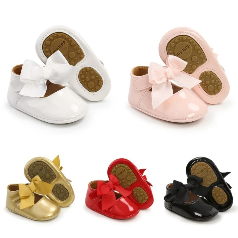 Baby Shoes Newborn Boy Girl Classic Bowknot Rubber Sole Anti-slip PU Dress First Walker Toddler Crib