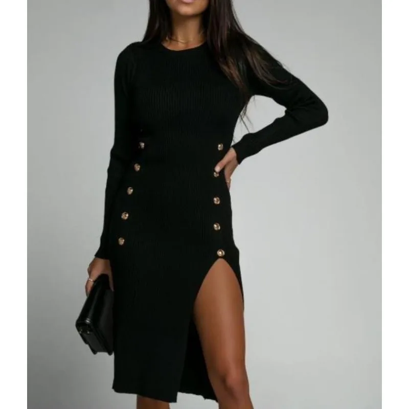 

Women's Slim Monochromatic Split Button Dress, Elegant Casual Knitted Dresses, Temperament Commuting, Long Sleeved, New