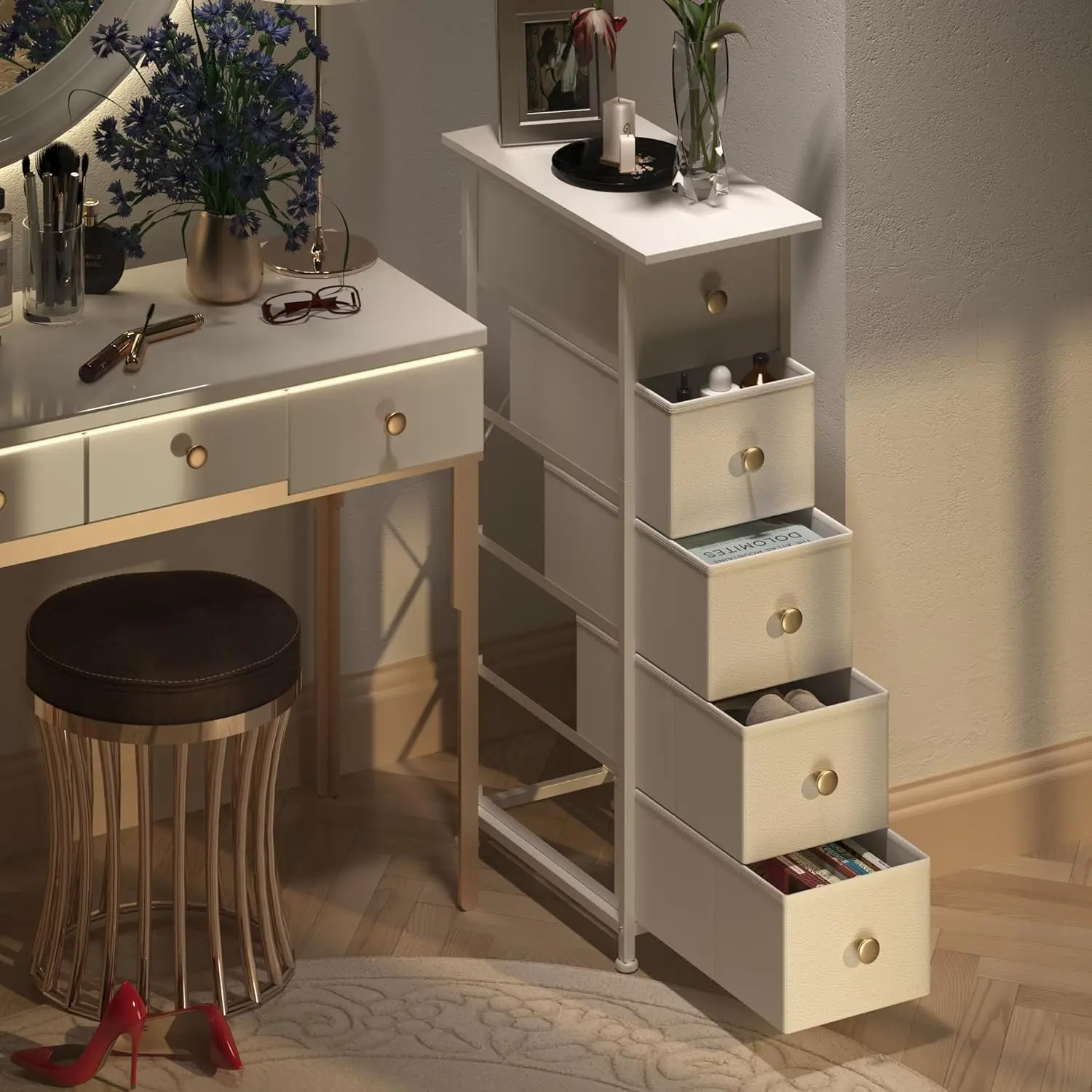 Narrow Dresser Cabinet. Slim Chest of Drawers. 5 Drawers. Fabric Unit. For Bedroom, Bathroom. White.