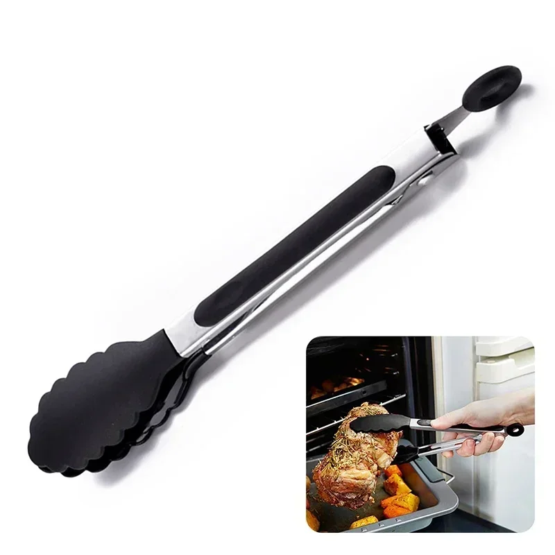Food Tongs Kitchen Portable Baking Tool Stainless Steel Tongs Silicone Handle BBQ Non-Slip Food Utensil Clip Clamp Tools