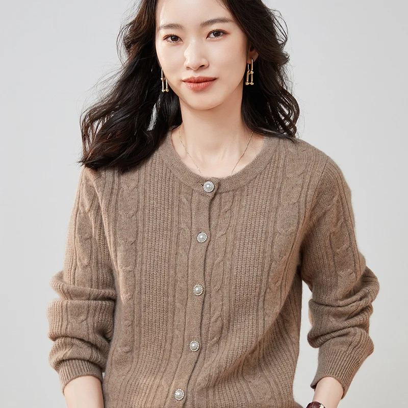 

New 100% Pure Cashmere Cardigan Women Sweater Beige O-Neck Knitted 2022 Fall Winter Clothes Solid Casual Single Breasted Tops