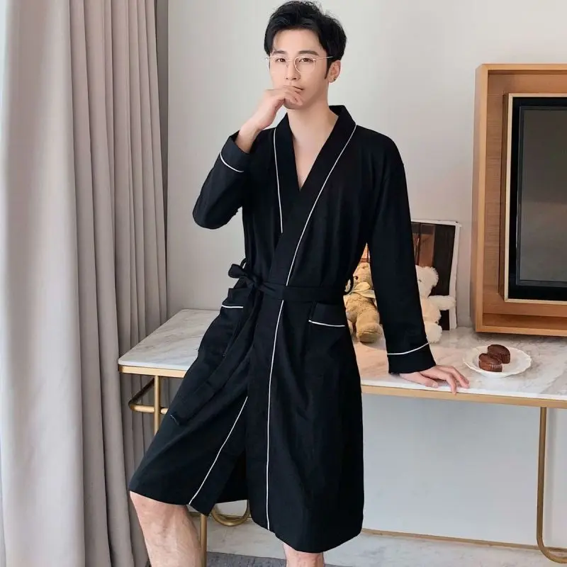 Plus Size Women's Bathrobe Long Sleeve Cotton Sleepwear Couple's Robe Loose Lounge Home Clothes Men Pajama Night Gown M-3XL