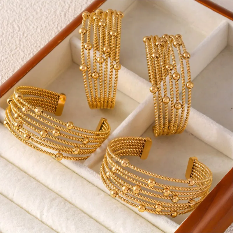 Twisted Circle Combining Beads Bracelet Bangles For Women Stainless Steel Gold Plated Elegant Women's Hand Bracelets Cuff Bangle 3