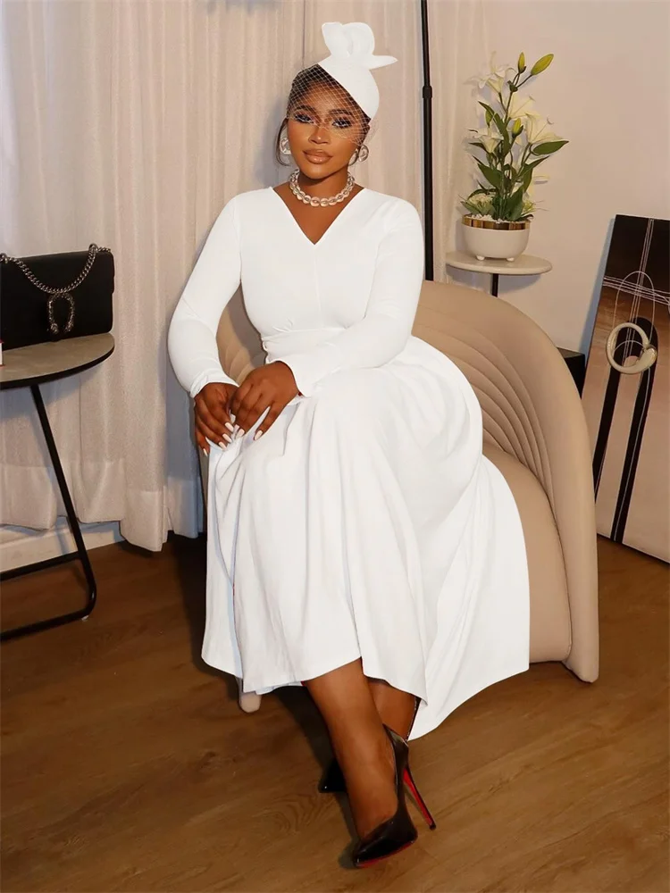 Wmstar Dresses Women Wholesale Solid Color Long Sleeve V Neck Maxi Length Office Lady New Style Fall Clothes Dropshopping