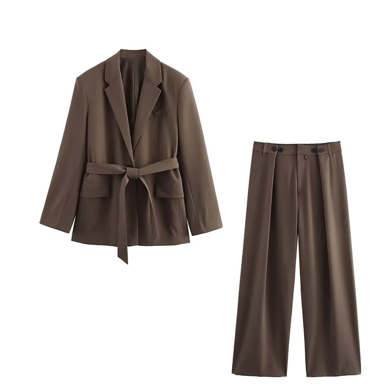 2025 Frauen Elegante Revers Tasche Gürtel Dekorieren Casual Blazer Jacke + Hohe Taille Lose Zipper Lange Hosen Braun 2-teiliges Set – Detail 3