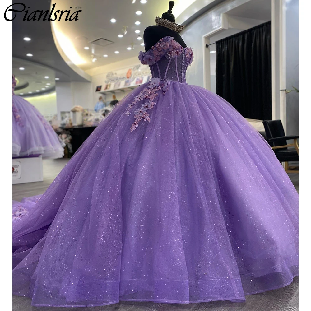 

Lilac Illusion Pearls Beading Ball Gown Quinceanera Dresses Off The Shoulder 3D Flowers Appliques Corset Vestidos De 15 Años