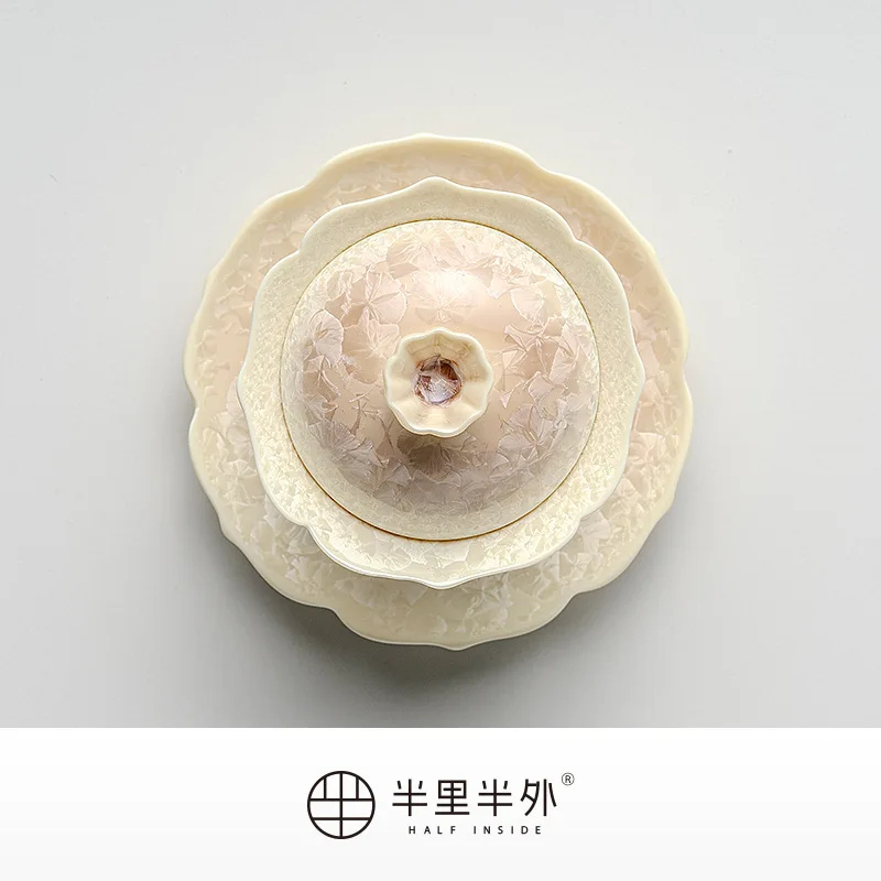 홈 그라데이션 가마변화 결정꽃 세라믹 삼색 뚜껑 그릇 찻잔 가정용 쿵푸 차 세트 선물 여행 세트