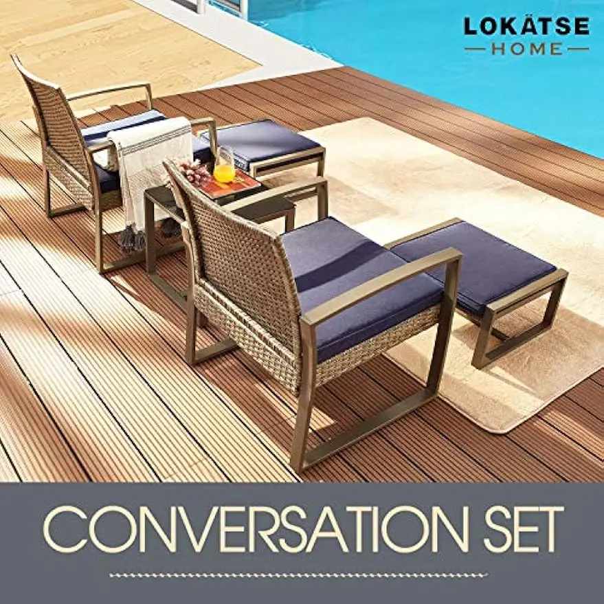 5pcs Wicker Conversation Set Patio PE Rattan All Weather Cushioned Chairs Balcony Porch with Ottoman and Glass Coffee Side Table images - 6