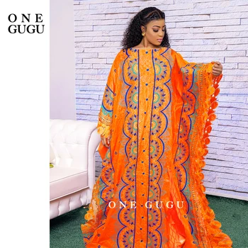New Nigerian Original Bazin Dress Dashiki Brocade Embroiderey Basin Clothing 2022 Orange Mali Women Robe Wedding Party Dresses
