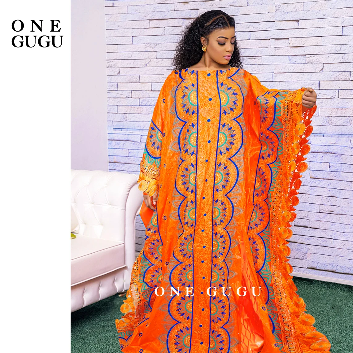Robe De Soir?�e De Mariage En Bazin, Style Nig?�rian, Brod?� En Brocade, Orange, Nouvelle 
