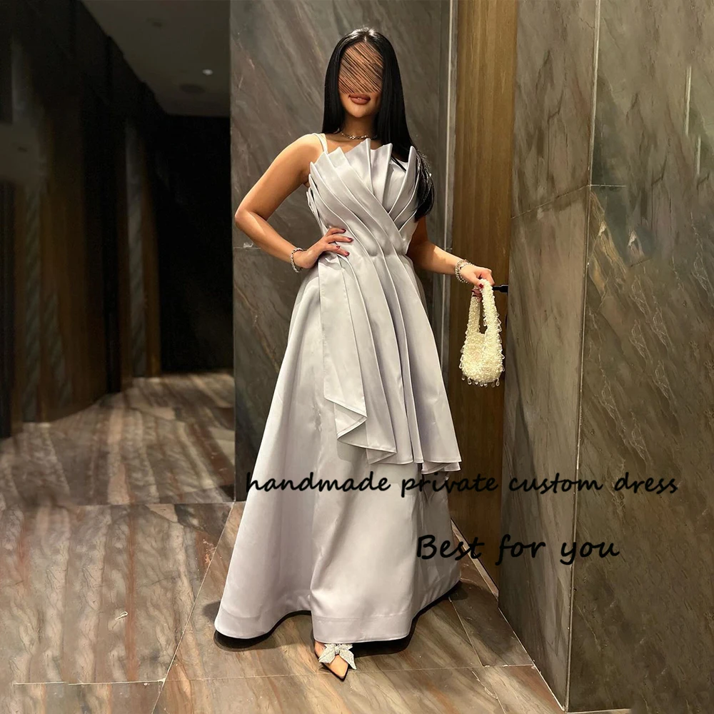 

Gray Satin Mermaid Evening Dresses Pleats Strapless Arabian Dubai Formal Dress Floor Length Prom Party Gowns