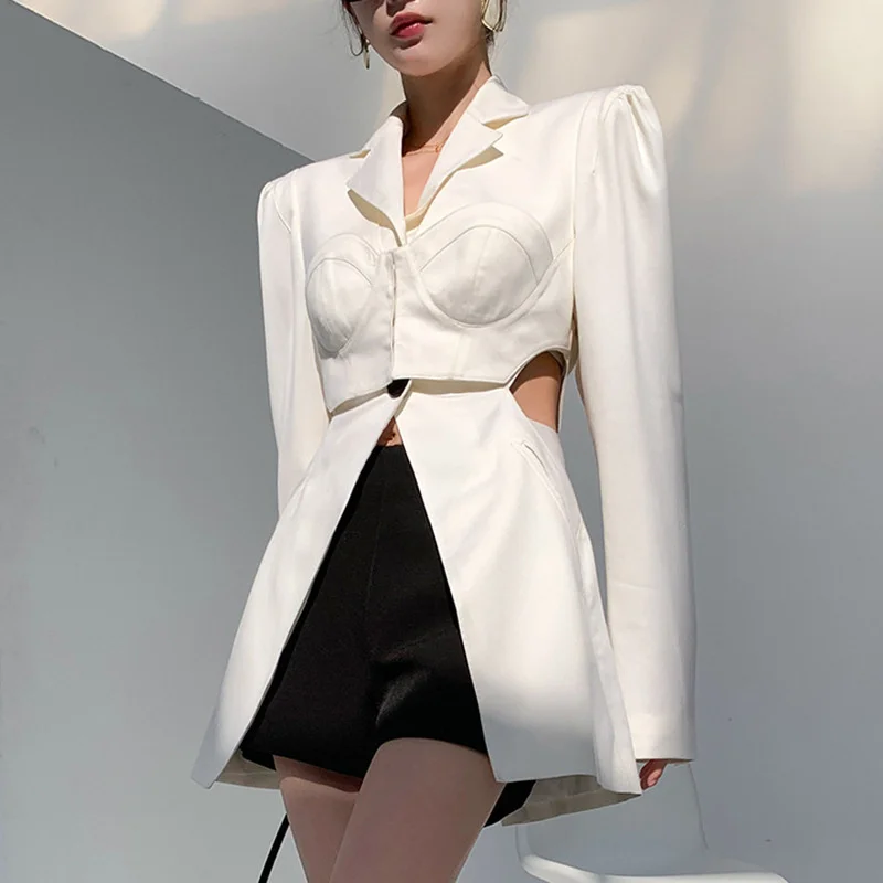 

European And American Fried Street 2023 New Women Blazer Dress Open Waist Chest Show Personalized Design Full Grid Clothes