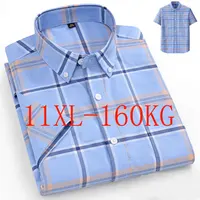 Summer new extra-large size 11XL-160KG Oxford fabric men's 100% pure cotton checked short-sleeved shirt for business casual men
