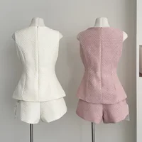 High Quality Female Tweed Sleeveless Vest Top High Waist Shorts Set Women French Slim Summer Sweet Girl Lady Two Piece Outfits - Image 2