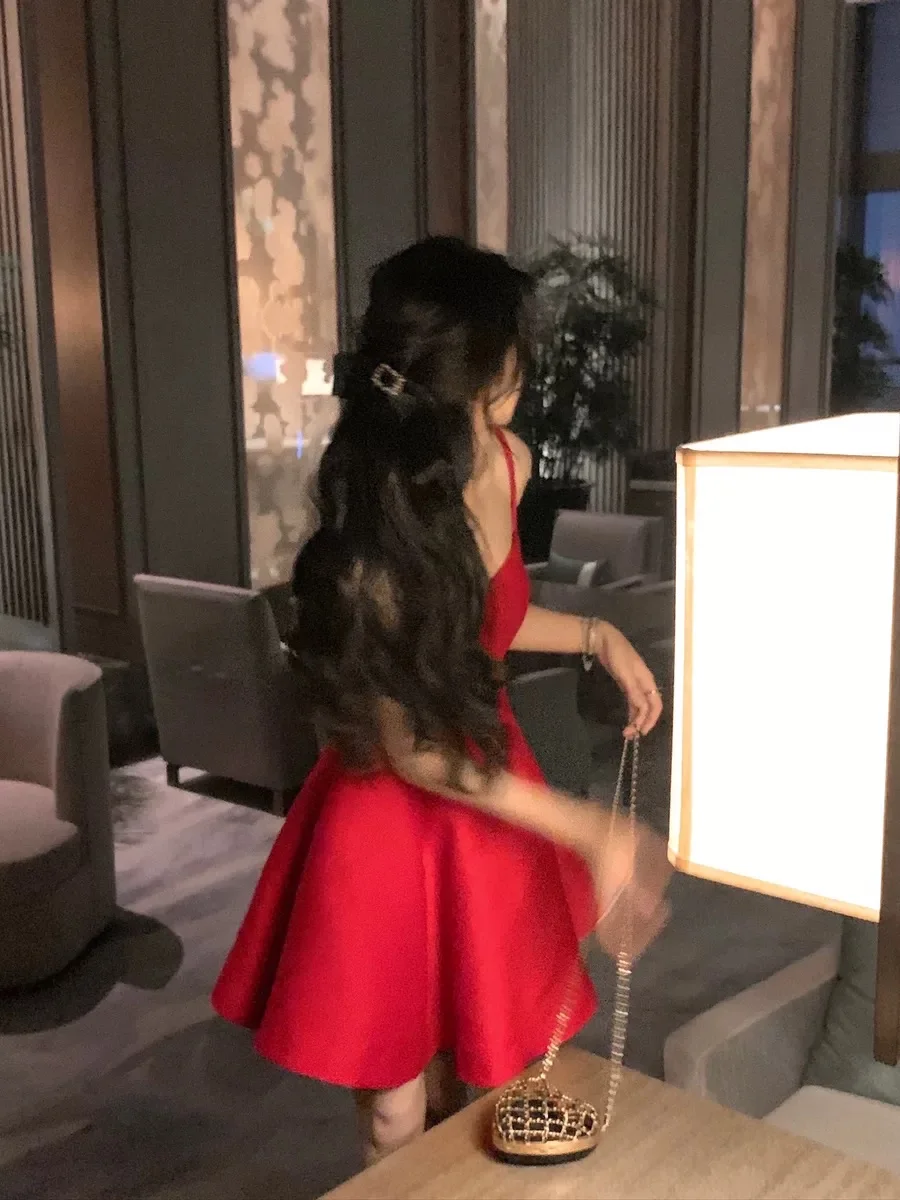 Elegant Short Dresses for Women Summer New Solid Spaghetti Strap A-line Evening Party Dress Prom Chic Clothing Vestidos Mujer