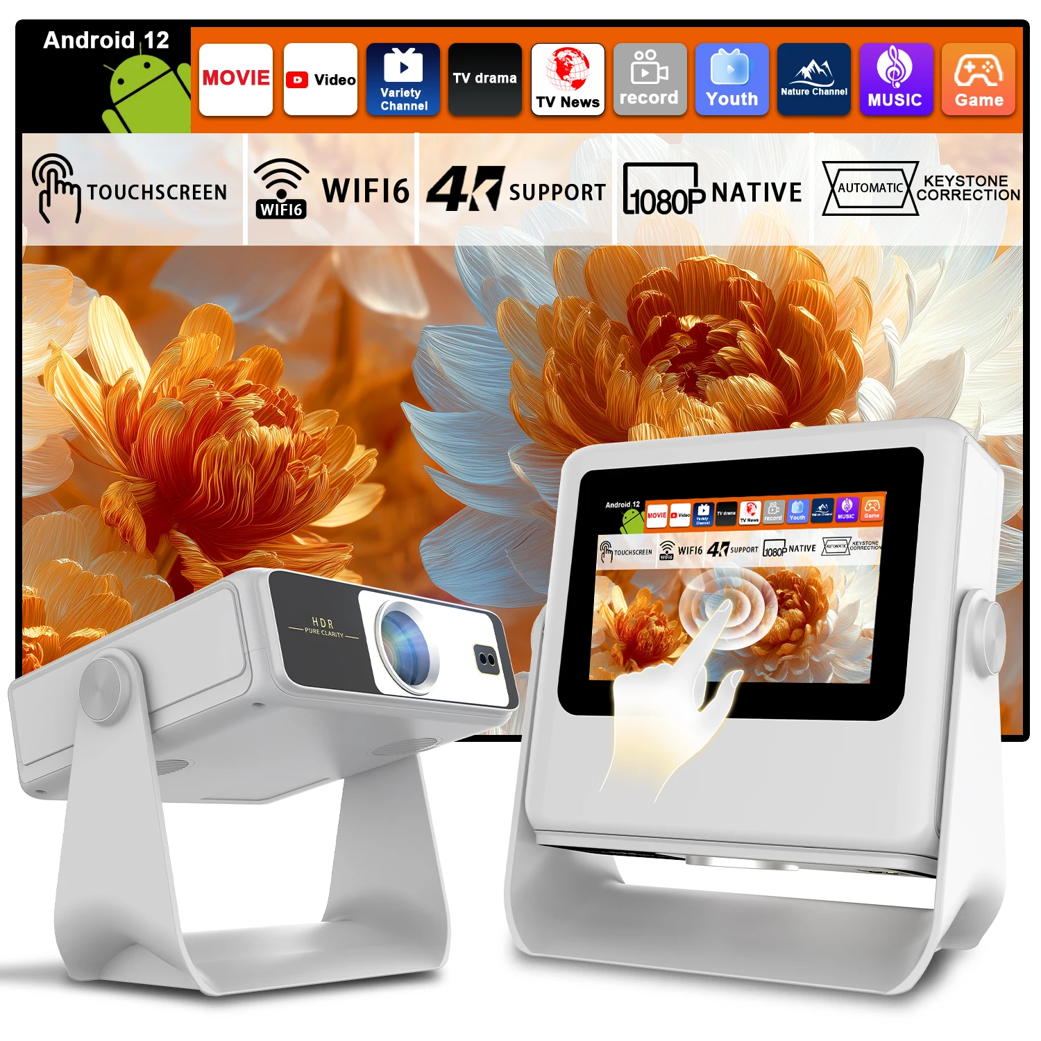 3-in-1 태블릿 프로젝터 7인치 터치 자동 초점 4K HDMI USB 블루투스 스피커 식탁 영화 천장 TV