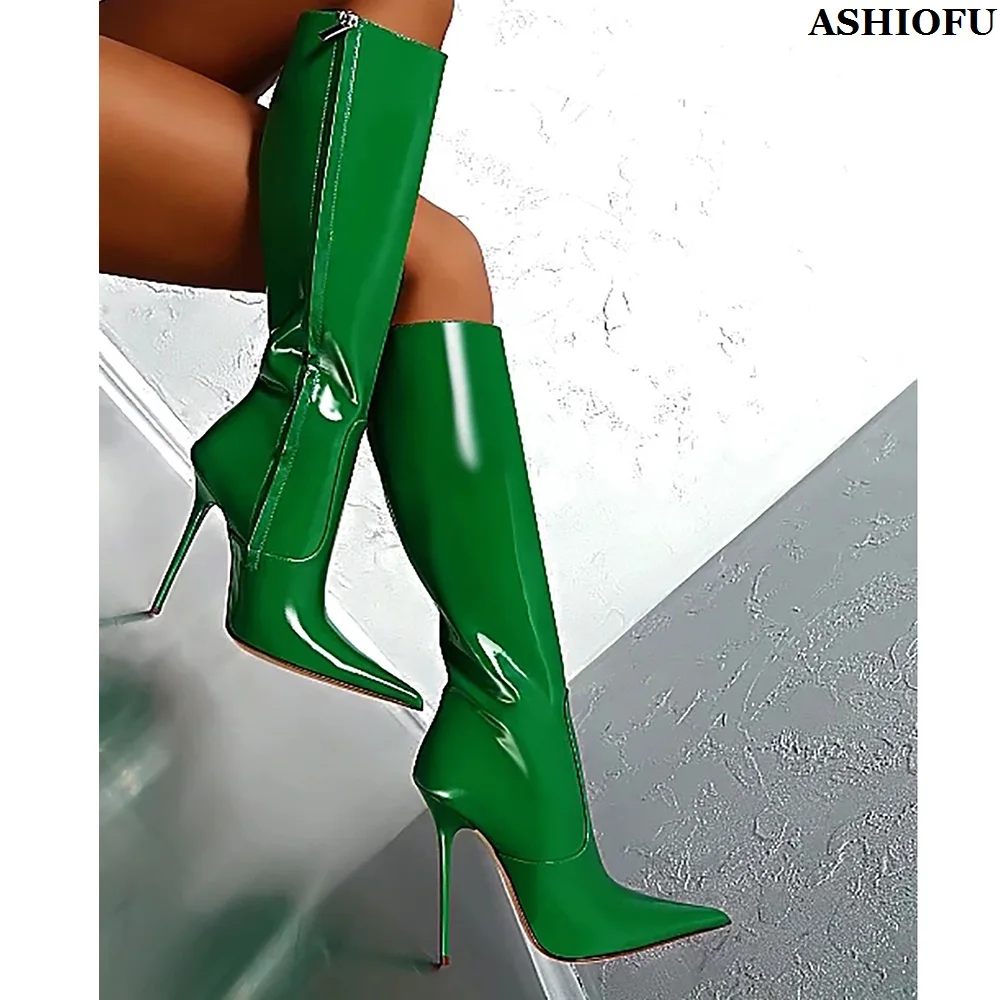 

ASHIOFU Handmade Ladies High Heel Mid-calf Boots Classic Party Prom Booties Large Size Stiletto Fashion Sexy Evening Boots Shoes
