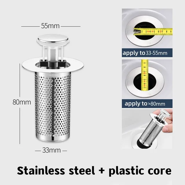 Stainless Steel Pop-Up Sink Drain Filter - Bathtub & Kitchen Drain Strainer With Rubber Ring