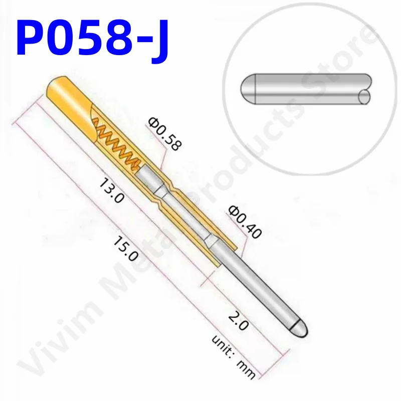 Sonda de prueba de resorte de cabeza redonda pequeña, Pin Pogo de piezas, diámetro de 100mm, longitud de aguja de 0,58mm, Pin de prueba de placa de circuito, 20/15,0 P058-J